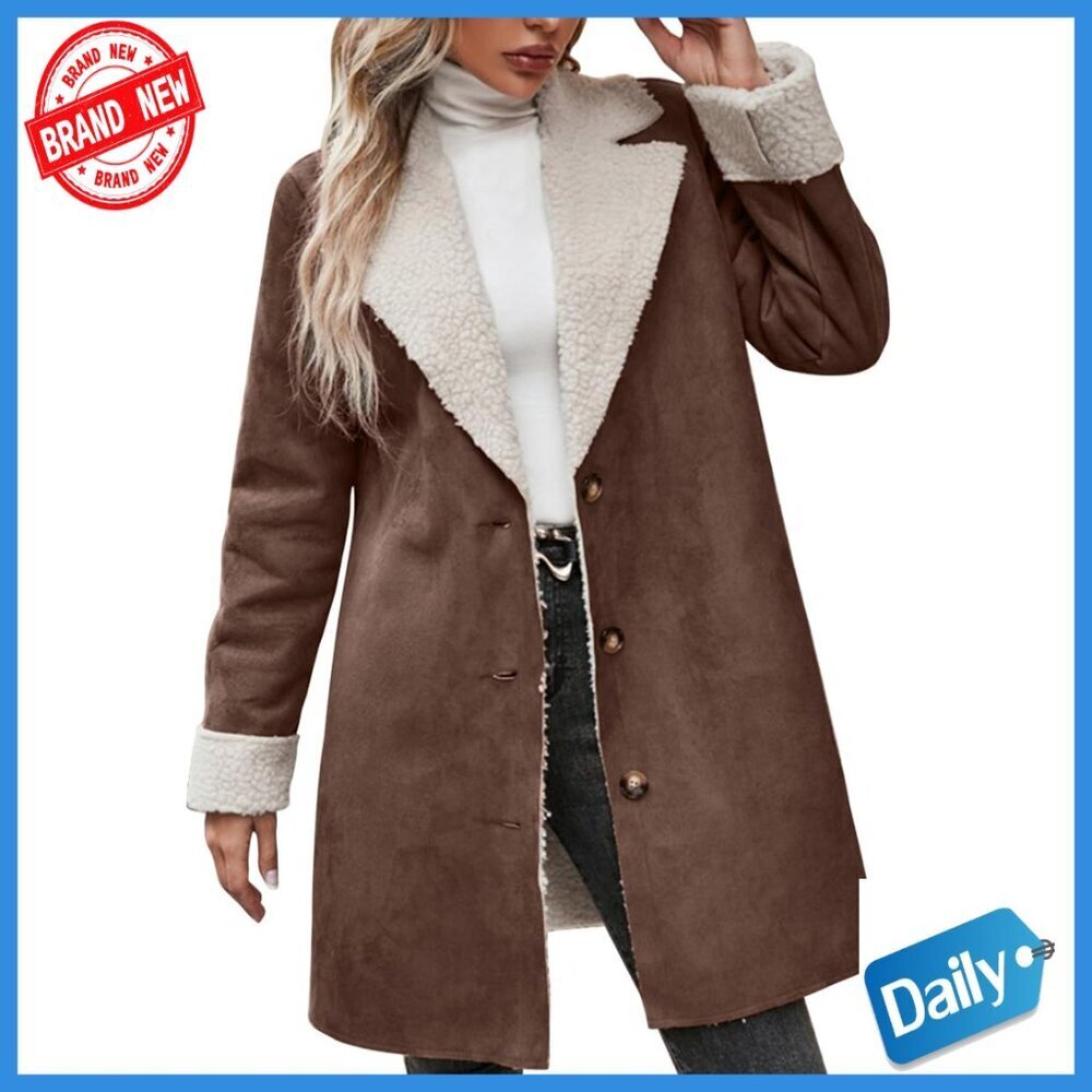 Sherpa Lined Faux Suede Leather Jacket Oversized Notch Lapel Mid Long Overcoat